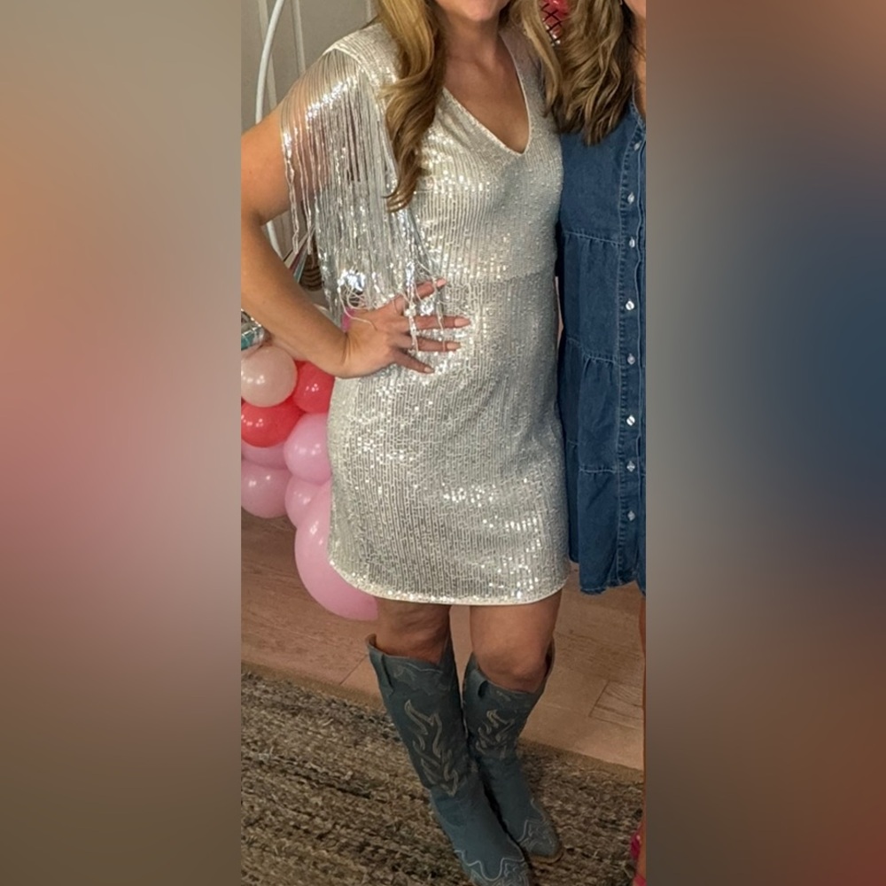 Silver Sequin Fringe Dress